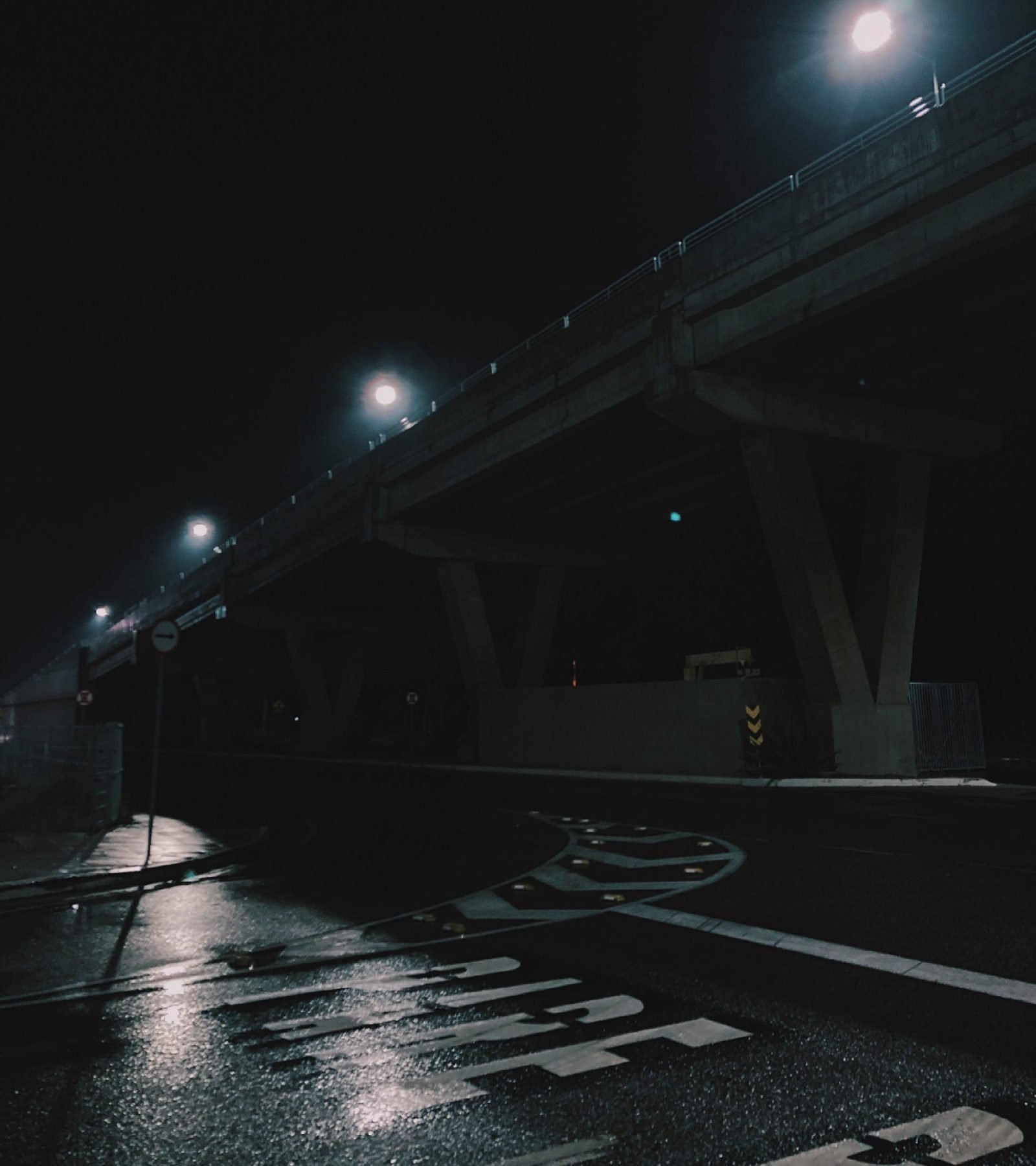 Wet pavement beside an elevated highway at night with two lamps overhead